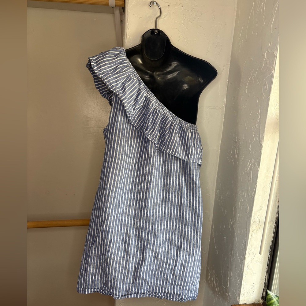 Madewell blue White one shoulder striped mini dress linen cotton blend sz L - Picture 11 of 14